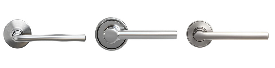 Modern brushed door handle isolated on transparent background, Set of