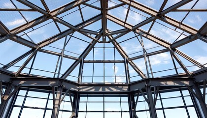 Steel roof structure with sky view,  modern architecture
