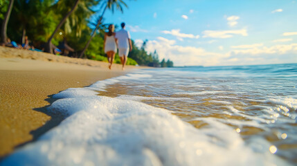 A couple enjoys a romantic stroll along a beautiful beach as golden light bathes the shoreline