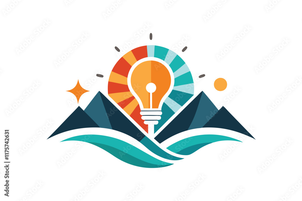 Poster abstract shapes representing innovation and progress at sunrise over mountains and waves, abstract s