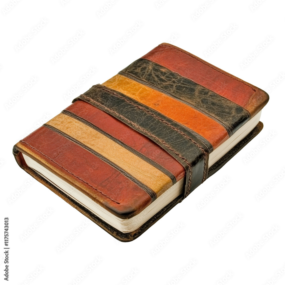 Poster a worn notebook with colorful stripes resting on a plain transparent background, perfect for jotting