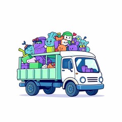 Toy Truck Adventure: A whimsical illustration of a cheerful truck overflowing with adorable cartoon toys, embarking on a journey filled with fun and imagination. 