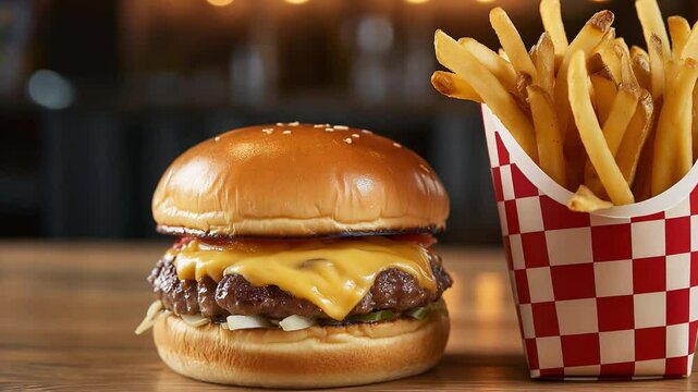 Freshly prepared cheeseburger topped with melted cheese alongside a serving of golden, crispy fries on wooden tabel at a fastfood restaurant