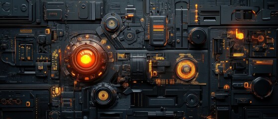 Cyberpunk futuristic machine wall intricate, abstract neon light dark metal surface, background wallpaper AI generated image