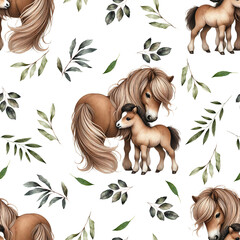 Seamless pattern of mother and baby pony around leaves branches on white background. Perfect for kids fabric, wallpaper, nursery decor