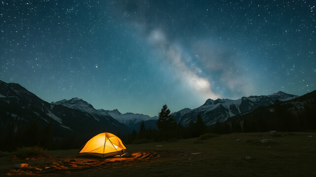  Illuminated tent camping under the milky way. Night sky starry night Milky Way camping