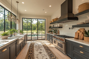 Modern Farmhouse Kitchen Design With Pool View