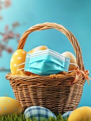 Easter in the season of Sars-CoV-2, COVID 19, Easter basket with face mask for virus protection.
