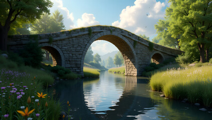 Fototapeta premium Soft Lights and Shadows: An Ancient River Bridge