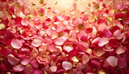 A romantic background featuring a cascade of rose petals, designed in soft pinks, reds, and white tones