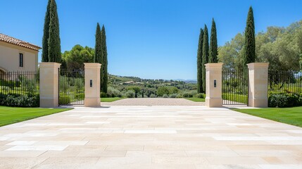 Obraz premium Digital gates ensure secure access. Elegant entryway with gates and manicured landscape under blue sky.