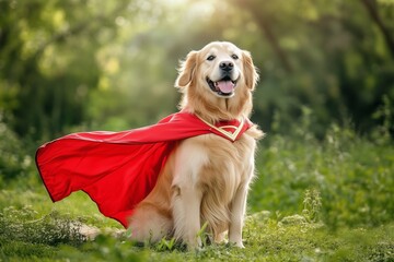 A fluffy golden retriever wearing a red superhero cape sitting in a garden.