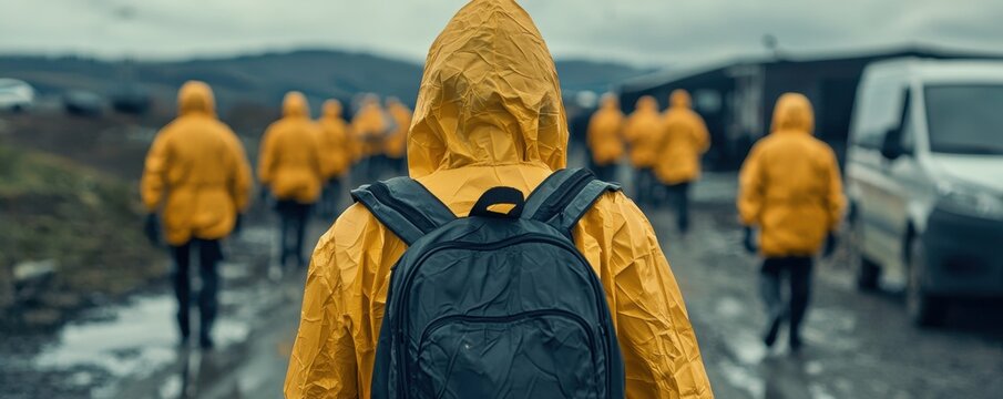 Emergency immunization drive by volunteers in rainy conditions community health initiative outdoor action engaging viewpoint