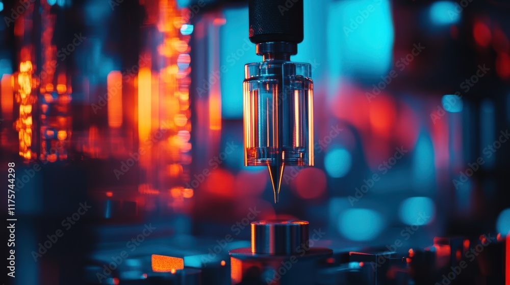 Poster close-up of high-tech industrial machine with vibrant lighting and precision robotics in modern manu
