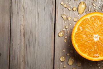 A freshly cut orange with drops of water placed on a wooden table.