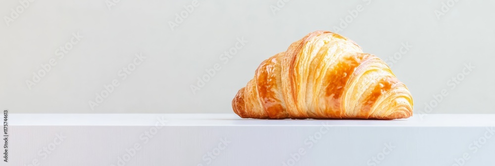 Poster Golden brown croissant with flaky layers levitating slightly above a white surface, creating a visually appealing image with a minimalist aesthetic, ideal for food and bakery related projects