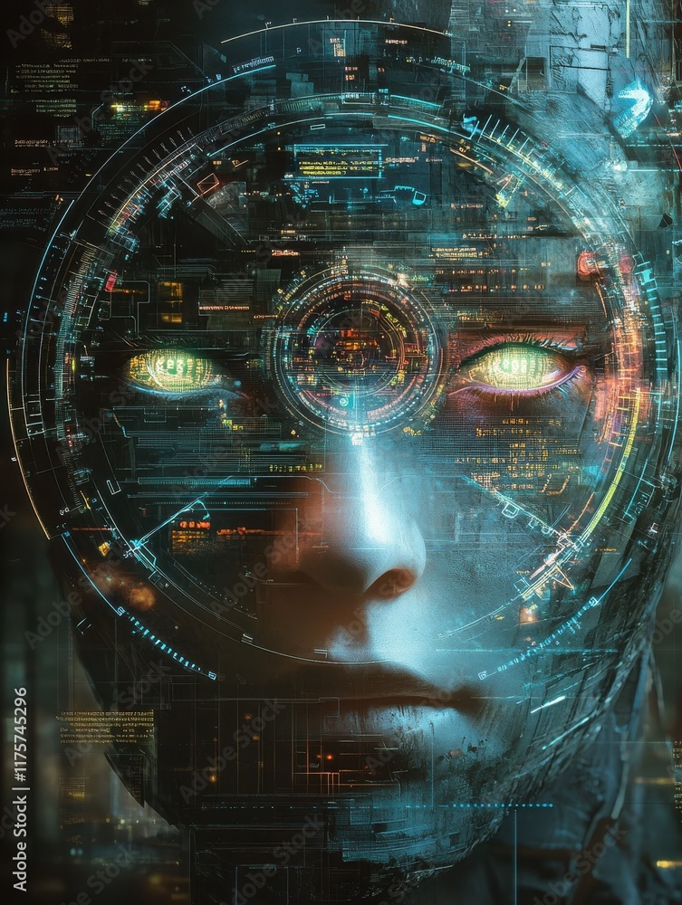 Poster future-looking timepiece visage with digital data all around it is counting down.