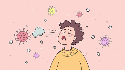 A person sneezes amidst colorful virus illustrations, emphasizing health awareness and respiratory issues.