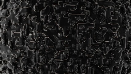 Complex interconnected geometric patterns on glossy black surface, featuring intricate maze-like structures and subtle reflective highlights. Premium 3D visualization showcasing technological abstract