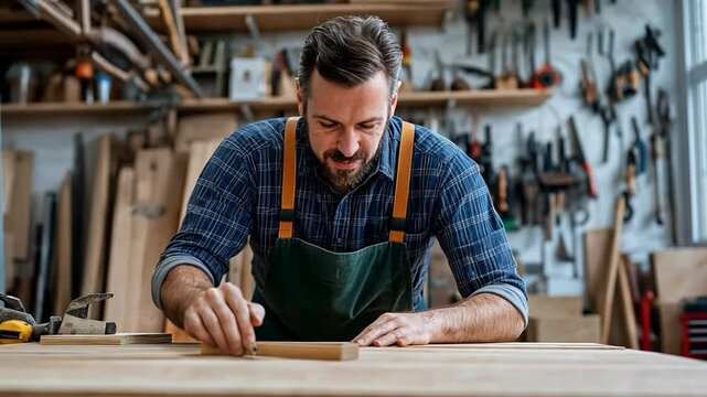A dedicated carpenter man meticulously measures and shapes wood while creating unique furniture in a busy workshop filled with tools and materials