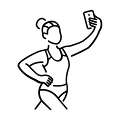 A woman athlete taking selfie with mobile, icon in line style 