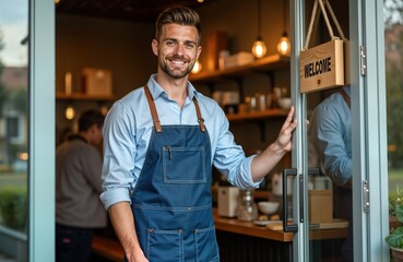 Friendly cafe owner welcomes customers. Smiling man in apron stands at cafe entrance. Holds door open showing warm hospitality. Wooden sign says Open. Looks directly at camera. Modern small business