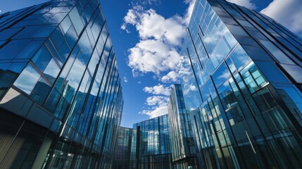 Fototapeta premium Low-angle view of modern glass skyscrapers against a bright blue sky with fluffy clouds.