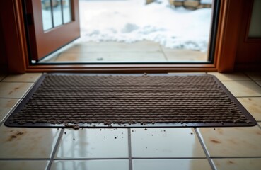 Indoor shot of dark brown rubber doormat on tiled floor at entrance of house. Mat covered with mud, dirt. Open wooden door snowy outdoor scene. Winter day. Photo shows common entrance area needing