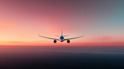 Obraz premium Soaring through a colorful sunset sky, an aircraft glides towards a horizon painted with vibrant hues. Generative AI