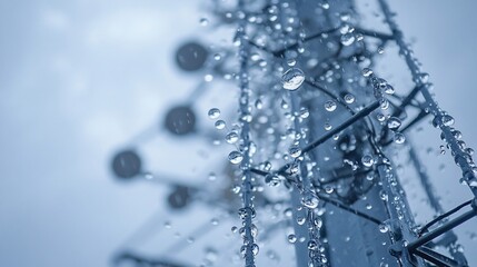 Rain-covered tower, telecommunications, cloudy sky, outdoor