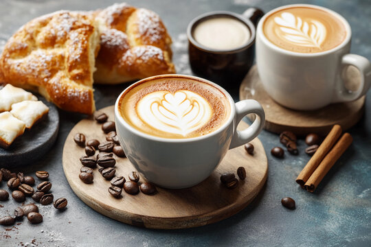 Enjoying warm croissants and coffee next to twinkling lights in a cozy setting during a serene morning