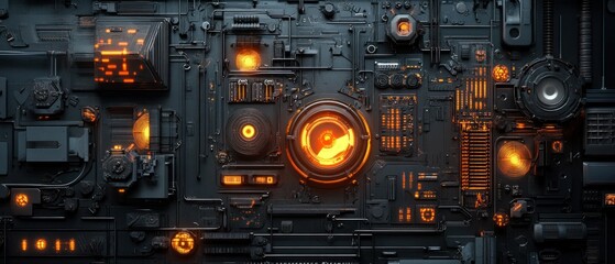 Fototapeta premium Cyberpunk futuristic machine wall intricate, abstract neon light dark metal surface, background wallpaper AI generated image