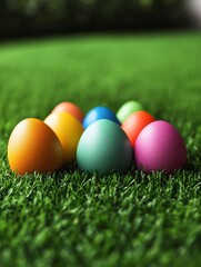 easter, holidays and tradition concept - row of colored eggs on artificial grass