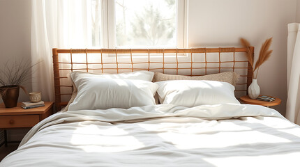 White Linen Bed with Wooden Headboard and Side Table
