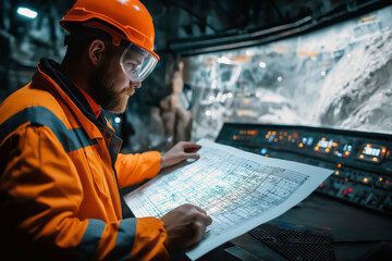 Miner examining a blueprint of the miner's layout, surrounded by modern mining technology in a command center.