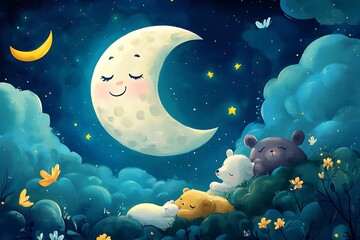 A cartoon moon with a smiling face, watching over sleeping animals, demonstrating the serenity of night