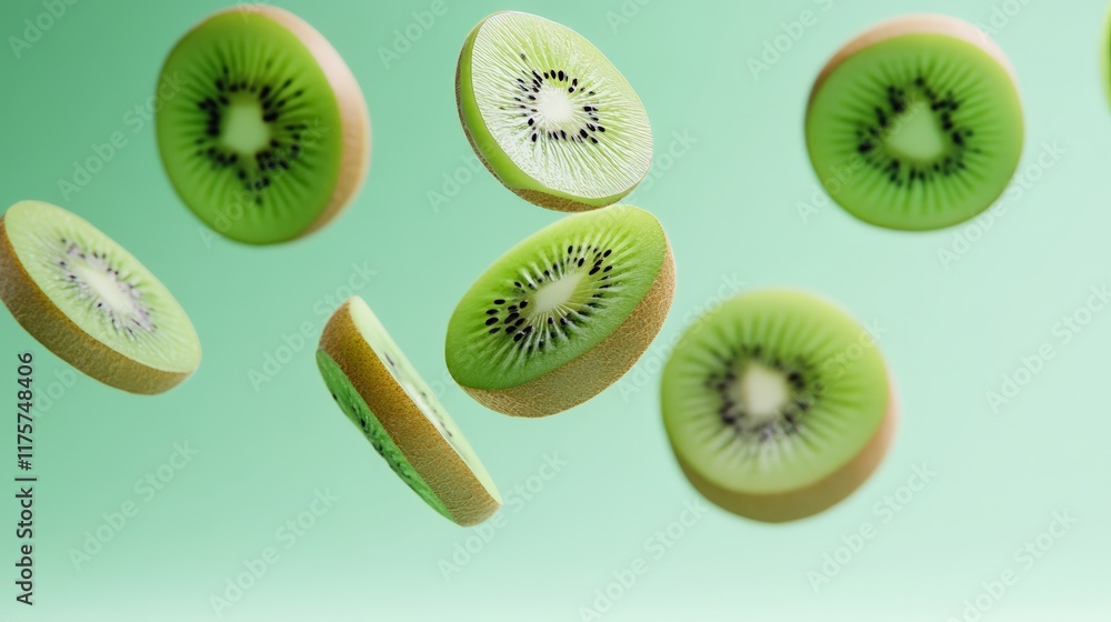 Poster Several slices of fresh kiwi fruit are levitating against a vibrant pastel green backdrop, creating a visually appealing and refreshing scene