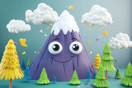 whimsical 3d cartoon scene of mountain with eyes and smiling face surrounded by animated clouds and trees
