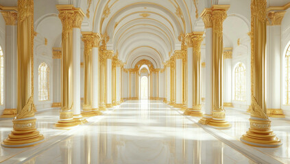 Obraz premium Grand opulent hall with gold columns, marble floor, and arched ceilings.