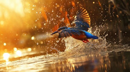 A kingfisher in the middle of a dive towards a river of sparkling water splashes, its feathers are blue, background wallpaper AI generated image