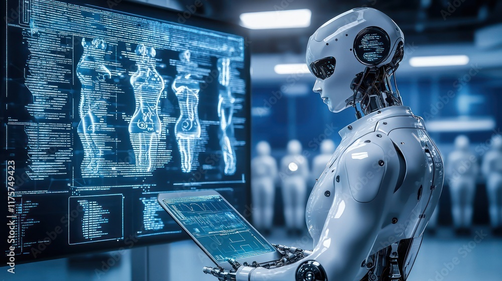 Aufkleber advanced humanoid robot analyzing medical data on a large screen and a tablet.
