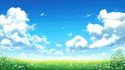 Obraz premium wide-open field under bright blue sky with fluffy white clouds offering generous copy space