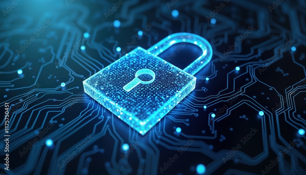 Aufkleber digital padlock graphic on dark blue circuit board background. modern tech illustration shows secure