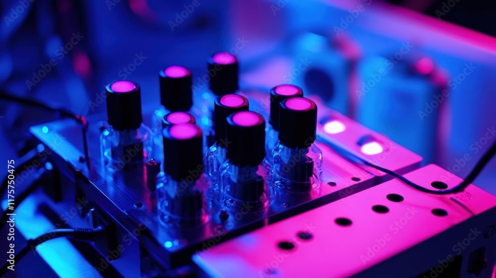 Poster close-up of a modern laboratory setup featuring vials with black caps illuminated by neon light in a