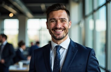 Fototapeta premium confident young male businessman in suit smiling in modern office with colleagues in background. corporate professional setting. business presentation, marketing, career success, finances