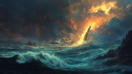 Naklejka premium The sea was rough with large waves of water turning into foam, dark clouds swirling above accompanied by a storm background wallpaper AI generated image