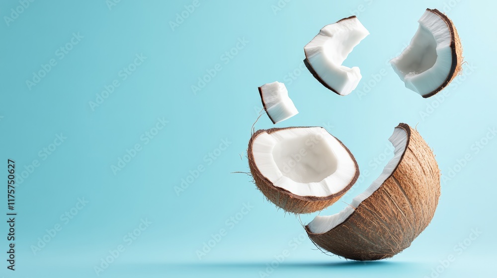 Poster Broken coconut pieces with visible pulp are levitating on a light blue background, creating a dynamic and refreshing visual, ideal for advertising summer products or tropical concepts