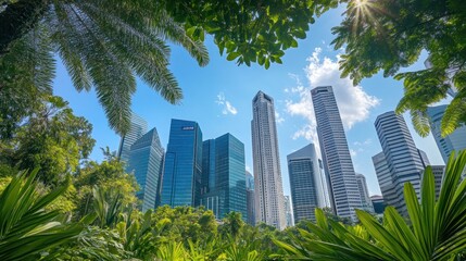 Lush tropical foliage frames a cluster of modern skyscrapers under a bright blue sky.