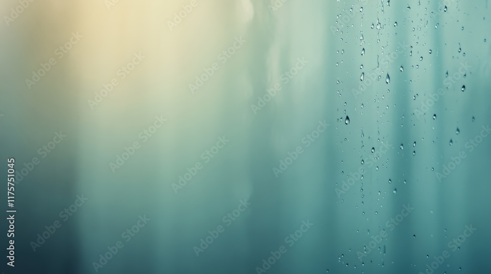 Poster rain droplets are falling on a glass surface, creating a mesmerizing pattern against a foggy, blurre