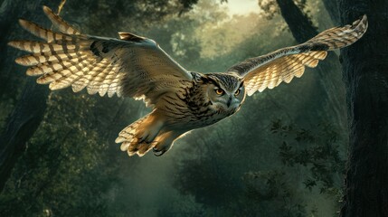 Fototapeta premium An owl flies at night through the dense forest, its wide wings look beautiful, background wallpaper AI generated image